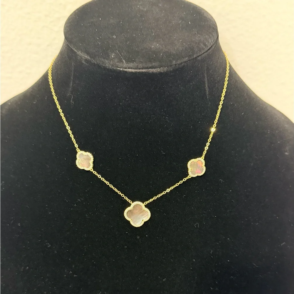 Stella Rose London Black Mother of Pearl Clover Necklace Gold Plated Crystal Pav